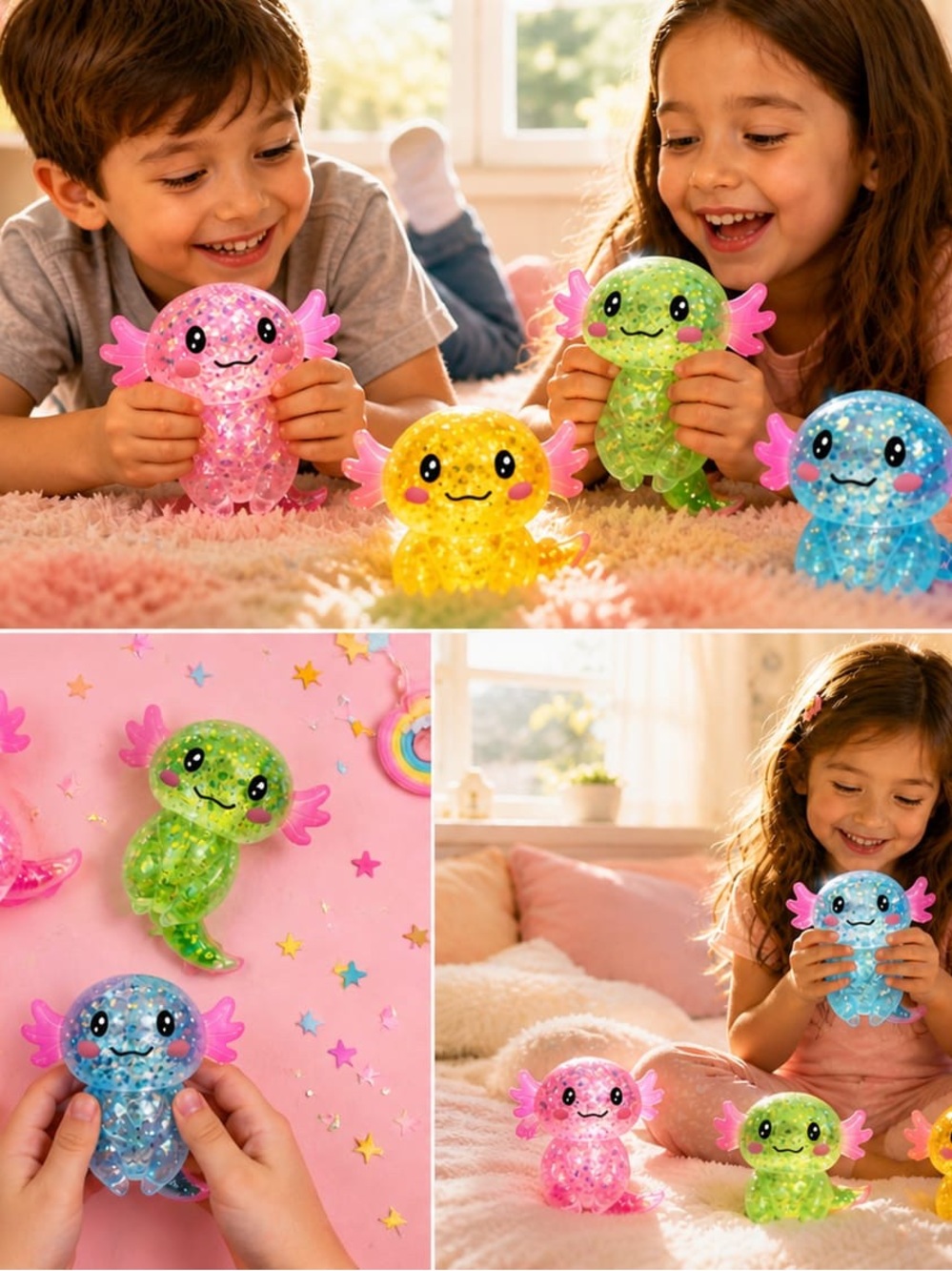 NWT Glitter Axolotl Squishy Set of 4 – Pink, Green, Yellow & Blue Kawaii Toys - Picture 3 of 4